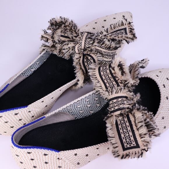 ROTHY'S Tuxedo Mary Janes Flats Tan Pointed Toe Fringed Bow Women's 8 - Picture 4 of 7